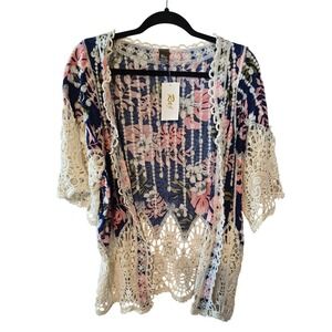 Raj Women Navy Natural Floral Crochet Lace Kimono Cardigan 1103 One Size New